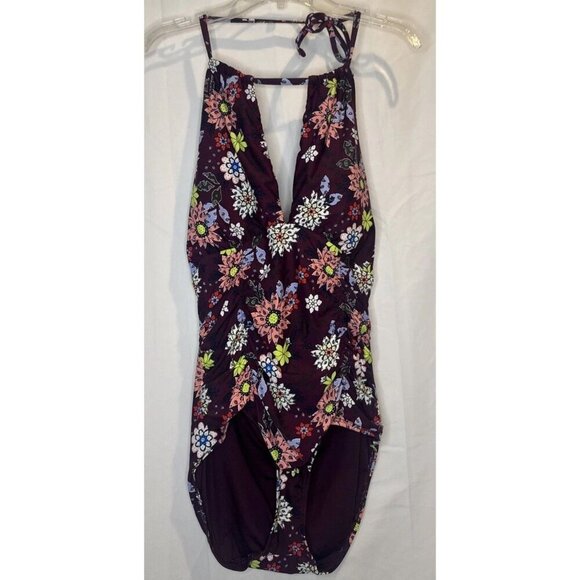 Anne Cole Women’s Purple Floral Merlot Plunge Ruched One Piece Swimsuit Sz 12 - Picture 1 of 11